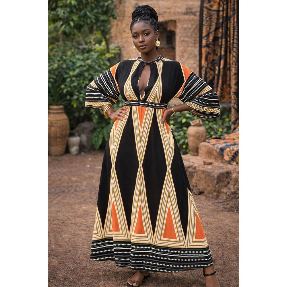Lulu's Black Maxi Dress with Orange and Gold Geometric Print